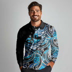 Maori Matariki - Manaia Long Sleeve Polo Shirt Galaxy Blue Paua Shell