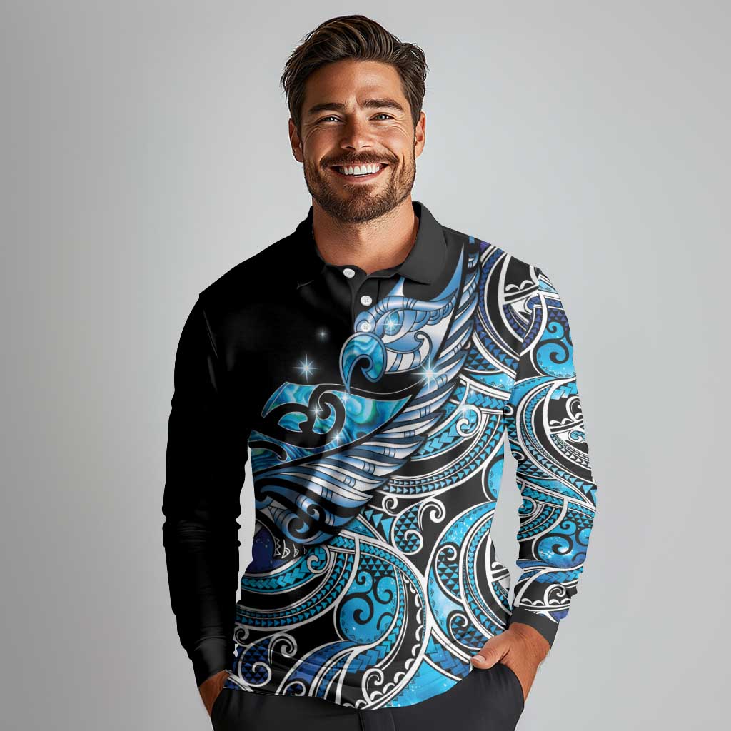 Maori Matariki - Manaia Long Sleeve Polo Shirt Galaxy Blue Paua Shell