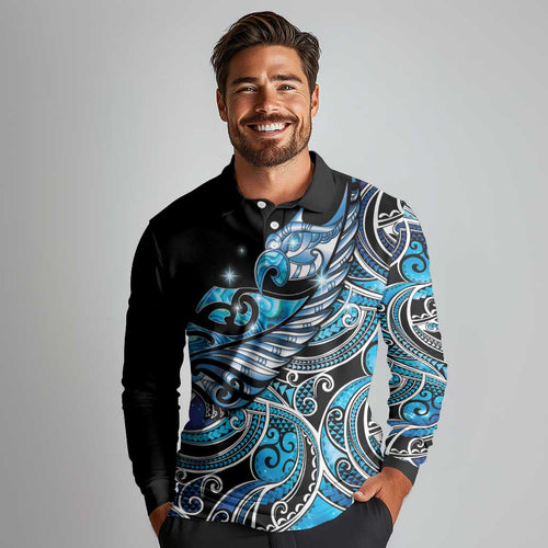 Maori Matariki - Manaia Long Sleeve Polo Shirt Galaxy Blue Paua Shell