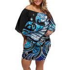 Maori Matariki - Manaia Off Shoulder Short Dress Galaxy Blue Paua Shell
