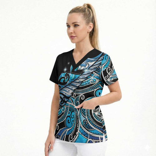 Maori Matariki - Manaia Scrub Top Galaxy Blue Paua Shell