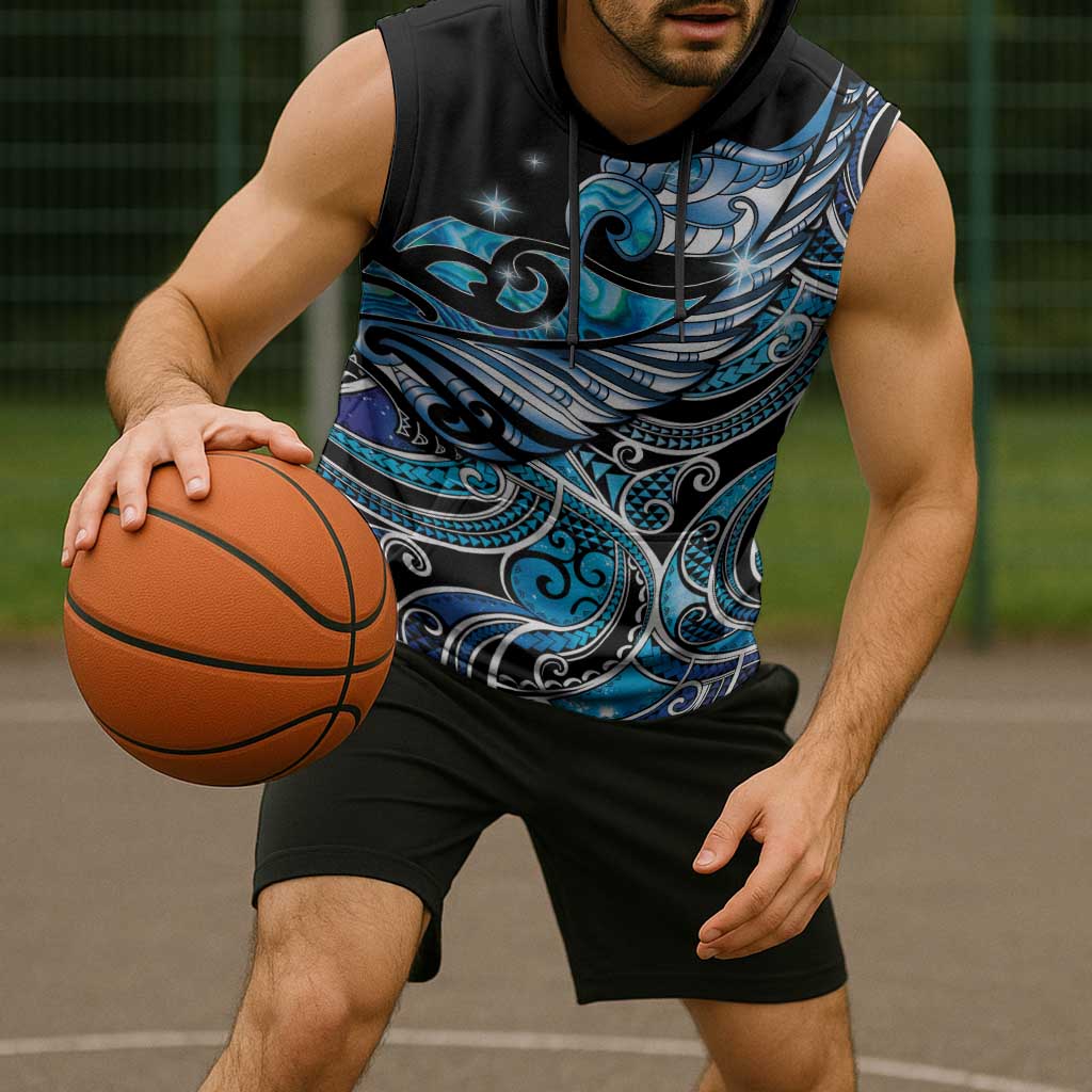 Maori Matariki - Manaia Sleeveless Hoodie Galaxy Blue Paua Shell