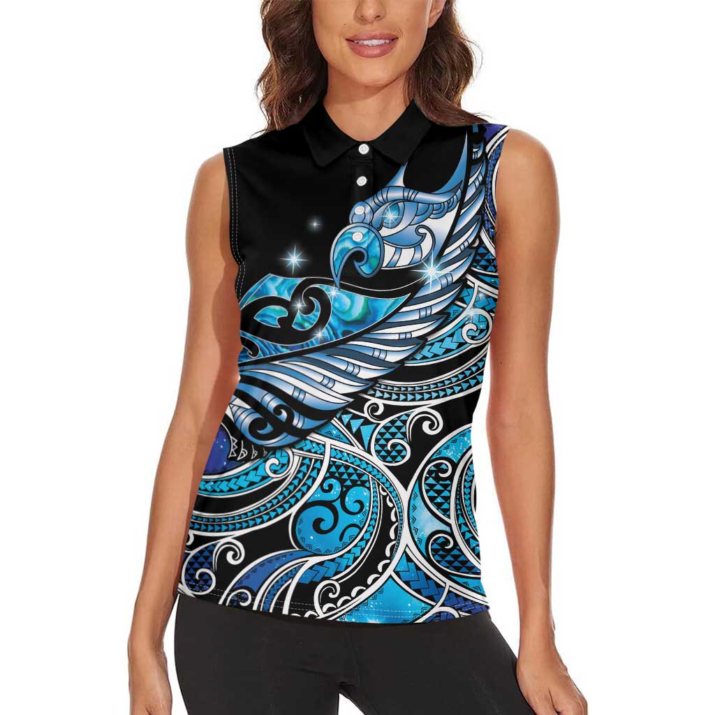Maori Matariki - Manaia Women Sleeveless Polo Shirt Galaxy Blue Paua Shell