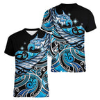 Maori Matariki - Manaia Women V-Neck T-Shirt Galaxy Blue Paua Shell