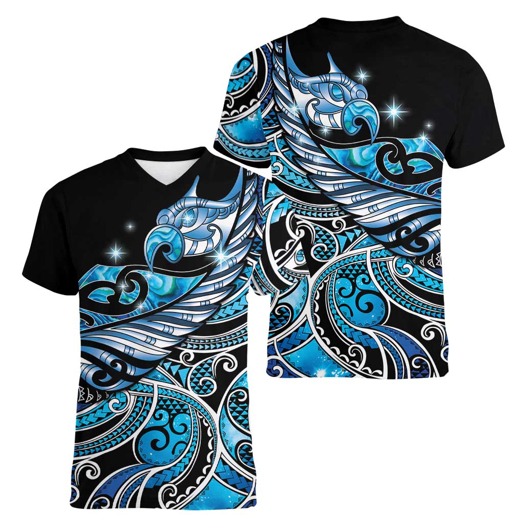 Maori Matariki - Manaia Women V-Neck T-Shirt Galaxy Blue Paua Shell