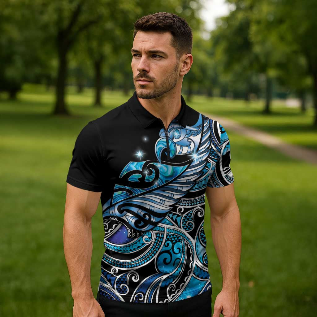 Maori Matariki - Manaia Zipper Polo Shirt Galaxy Blue Paua Shell