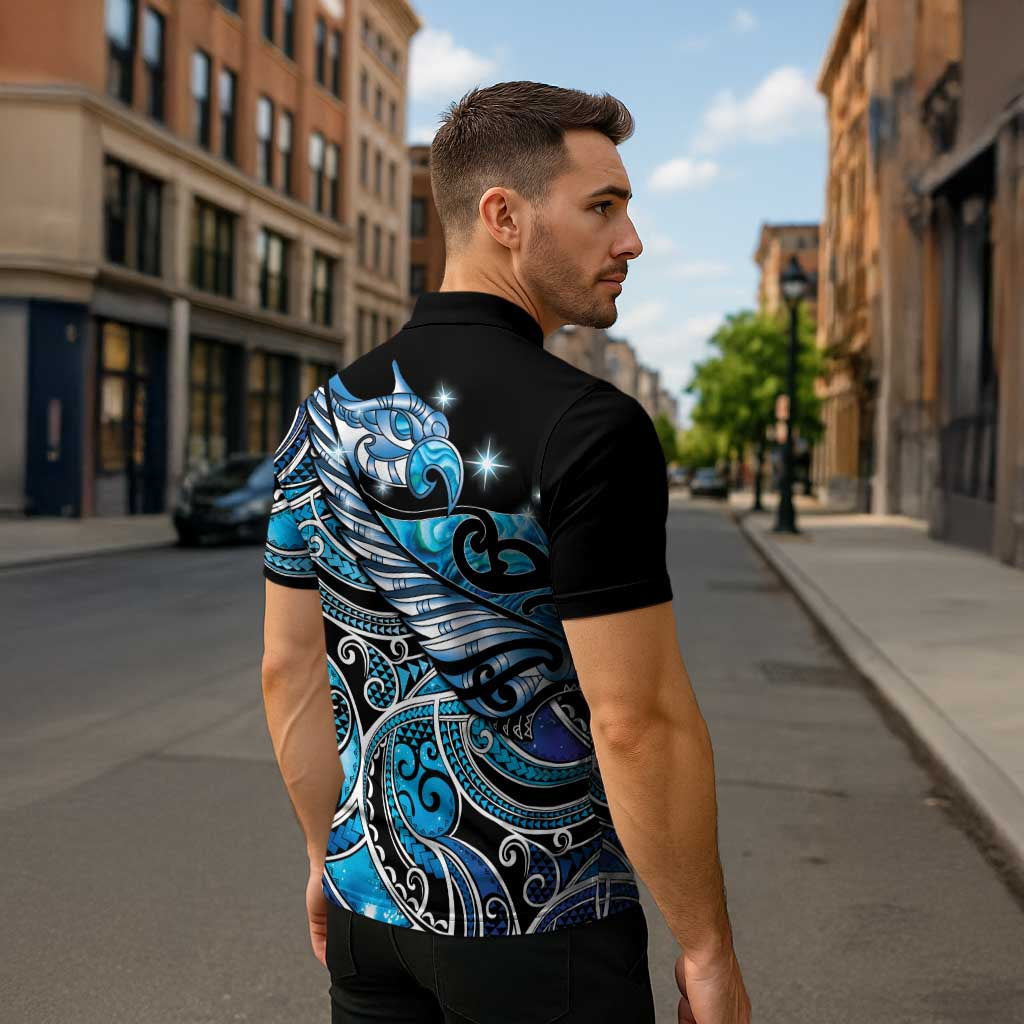 Maori Matariki - Manaia Zipper Polo Shirt Galaxy Blue Paua Shell