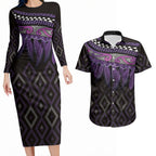 Aotearoa Maori Ngati Porou Iwi Couples Matching Long Sleeve Bodycon Dress and Hawaiian Shirt Korowai Tukutuku Kaokao Motifs