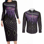 Aotearoa Maori Ngati Porou Iwi Couples Matching Long Sleeve Bodycon Dress and Long Sleeve Button Shirt Korowai Tukutuku Kaokao Motifs