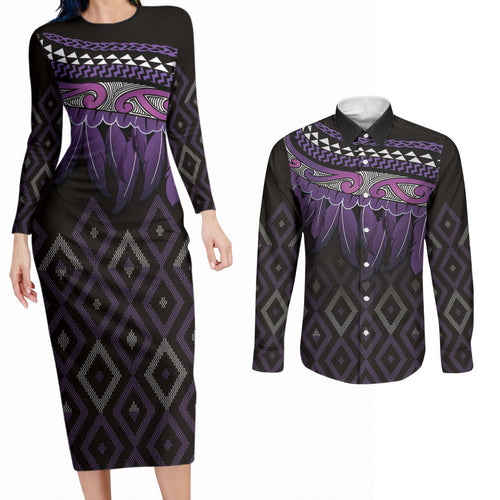 Aotearoa Maori Ngati Porou Iwi Couples Matching Long Sleeve Bodycon Dress and Long Sleeve Button Shirt Korowai Tukutuku Kaokao Motifs