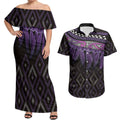 Aotearoa Maori Ngati Porou Iwi Couples Matching Off Shoulder Maxi Dress and Hawaiian Shirt Korowai Tukutuku Kaokao Motifs