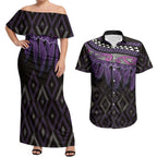 Aotearoa Maori Ngati Porou Iwi Couples Matching Off Shoulder Maxi Dress and Hawaiian Shirt Korowai Tukutuku Kaokao Motifs