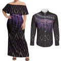 Aotearoa Maori Ngati Porou Iwi Couples Matching Off Shoulder Maxi Dress and Long Sleeve Button Shirt Korowai Tukutuku Kaokao Motifs