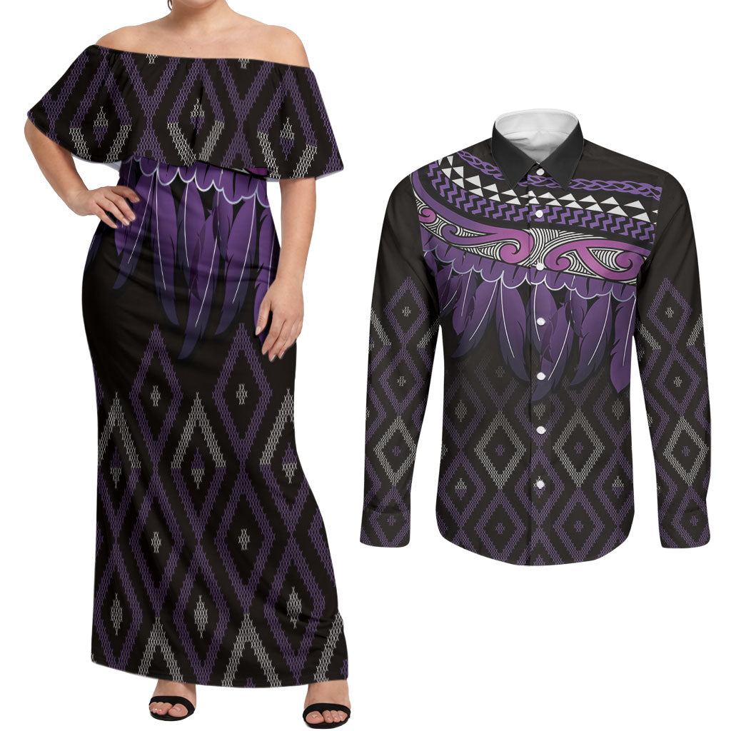 Aotearoa Maori Ngati Porou Iwi Couples Matching Off Shoulder Maxi Dress and Long Sleeve Button Shirt Korowai Tukutuku Kaokao Motifs