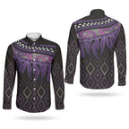 Aotearoa Maori Ngati Porou Iwi Couples Matching Off Shoulder Maxi Dress and Long Sleeve Button Shirt Korowai Tukutuku Kaokao Motifs