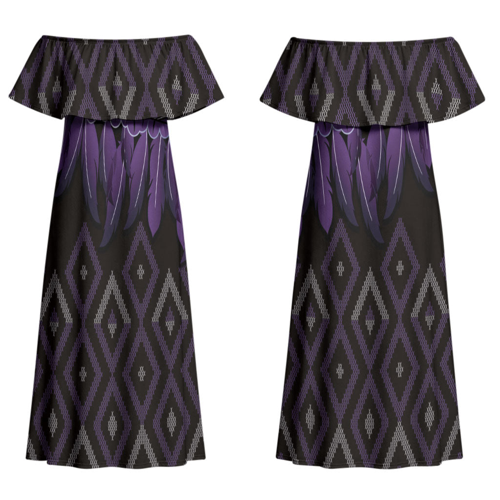 Aotearoa Maori Ngati Porou Iwi Couples Matching Off Shoulder Maxi Dress and Long Sleeve Button Shirt Korowai Tukutuku Kaokao Motifs