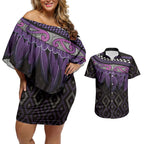 Aotearoa Maori Ngati Porou Iwi Couples Matching Off Shoulder Short Dress and Hawaiian Shirt Korowai Tukutuku Kaokao Motifs