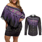 Aotearoa Maori Ngati Porou Iwi Couples Matching Off Shoulder Short Dress and Long Sleeve Button Shirt Korowai Tukutuku Kaokao Motifs