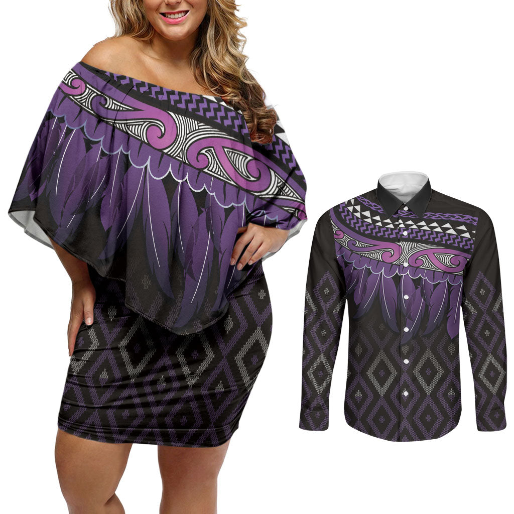 Aotearoa Maori Ngati Porou Iwi Couples Matching Off Shoulder Short Dress and Long Sleeve Button Shirt Korowai Tukutuku Kaokao Motifs