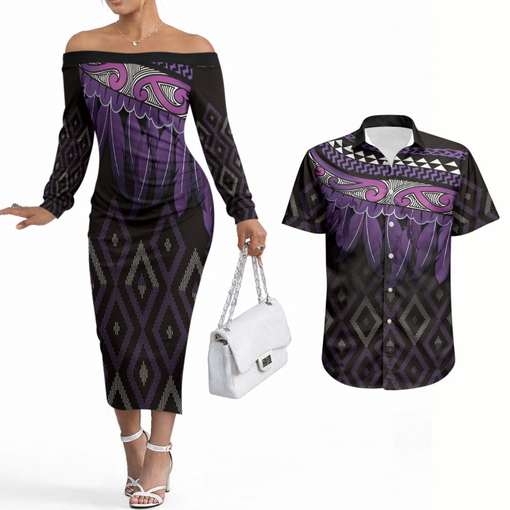 Aotearoa Maori Ngati Porou Iwi Couples Matching Off The Shoulder Long Sleeve Dress and Hawaiian Shirt Korowai Tukutuku Kaokao Motifs