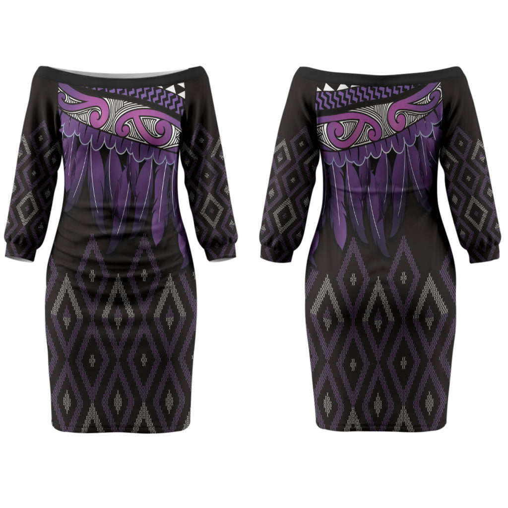 Aotearoa Maori Ngati Porou Iwi Couples Matching Off The Shoulder Long Sleeve Dress and Hawaiian Shirt Korowai Tukutuku Kaokao Motifs