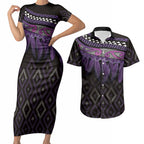 Aotearoa Maori Ngati Porou Iwi Couples Matching Short Sleeve Bodycon Dress and Hawaiian Shirt Korowai Tukutuku Kaokao Motifs