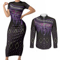 Aotearoa Maori Ngati Porou Iwi Couples Matching Short Sleeve Bodycon Dress and Long Sleeve Button Shirt Korowai Tukutuku Kaokao Motifs