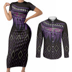 Aotearoa Maori Ngati Porou Iwi Couples Matching Short Sleeve Bodycon Dress and Long Sleeve Button Shirt Korowai Tukutuku Kaokao Motifs