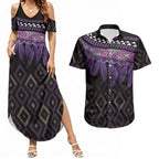 Aotearoa Maori Ngati Porou Iwi Couples Matching Summer Maxi Dress and Hawaiian Shirt Korowai Tukutuku Kaokao Motifs