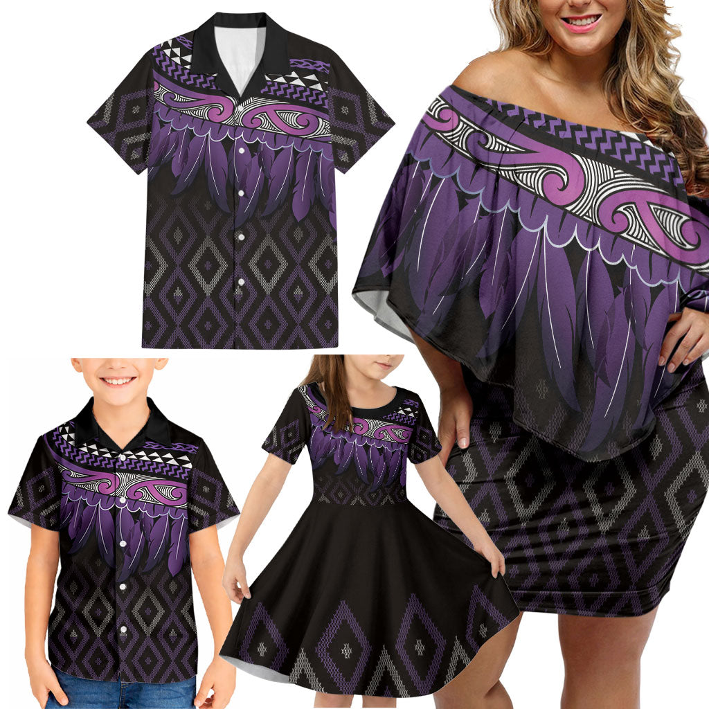 Aotearoa Maori Ngati Porou Iwi Family Matching Off Shoulder Short Dress and Hawaiian Shirt Korowai Tukutuku Kaokao Motifs