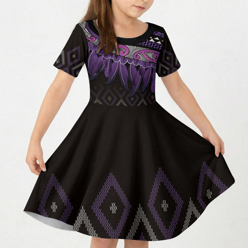 Aotearoa Maori Ngati Porou Iwi Kid Short Sleeve Dress Korowai Tukutuku Kaokao Motifs
