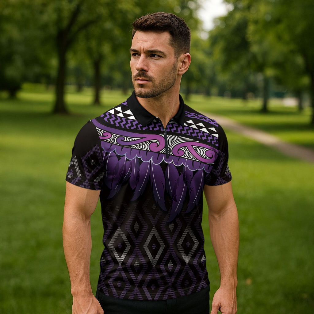 Aotearoa Maori Ngati Porou Iwi Zipper Polo Shirt Korowai Tukutuku Kaokao Motifs