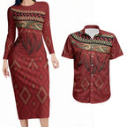Aotearoa Maori Waikato Tainui Iwi Couples Matching Long Sleeve Bodycon Dress and Hawaiian Shirt Korowai Tukutuku Kaokao Motifs