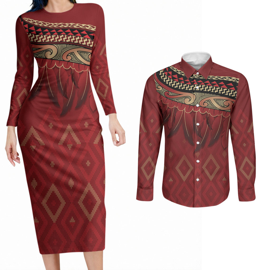Aotearoa Maori Waikato Tainui Iwi Couples Matching Long Sleeve Bodycon Dress and Long Sleeve Button Shirt Korowai Tukutuku Kaokao Motifs