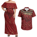 Aotearoa Maori Waikato Tainui Iwi Couples Matching Off Shoulder Maxi Dress and Hawaiian Shirt Korowai Tukutuku Kaokao Motifs