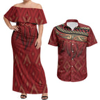 Aotearoa Maori Waikato Tainui Iwi Couples Matching Off Shoulder Maxi Dress and Hawaiian Shirt Korowai Tukutuku Kaokao Motifs