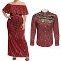 Aotearoa Maori Waikato Tainui Iwi Couples Matching Off Shoulder Maxi Dress and Long Sleeve Button Shirt Korowai Tukutuku Kaokao Motifs