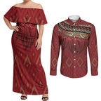 Aotearoa Maori Waikato Tainui Iwi Couples Matching Off Shoulder Maxi Dress and Long Sleeve Button Shirt Korowai Tukutuku Kaokao Motifs