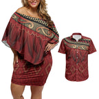 Aotearoa Maori Waikato Tainui Iwi Couples Matching Off Shoulder Short Dress and Hawaiian Shirt Korowai Tukutuku Kaokao Motifs