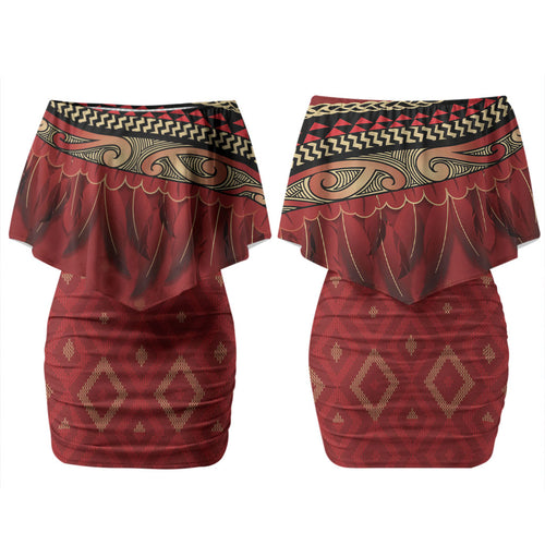Aotearoa Maori Waikato Tainui Iwi Couples Matching Off Shoulder Short Dress and Hawaiian Shirt Korowai Tukutuku Kaokao Motifs
