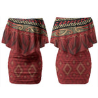 Aotearoa Maori Waikato Tainui Iwi Couples Matching Off Shoulder Short Dress and Long Sleeve Button Shirt Korowai Tukutuku Kaokao Motifs