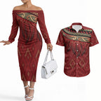 Aotearoa Maori Waikato Tainui Iwi Couples Matching Off The Shoulder Long Sleeve Dress and Hawaiian Shirt Korowai Tukutuku Kaokao Motifs