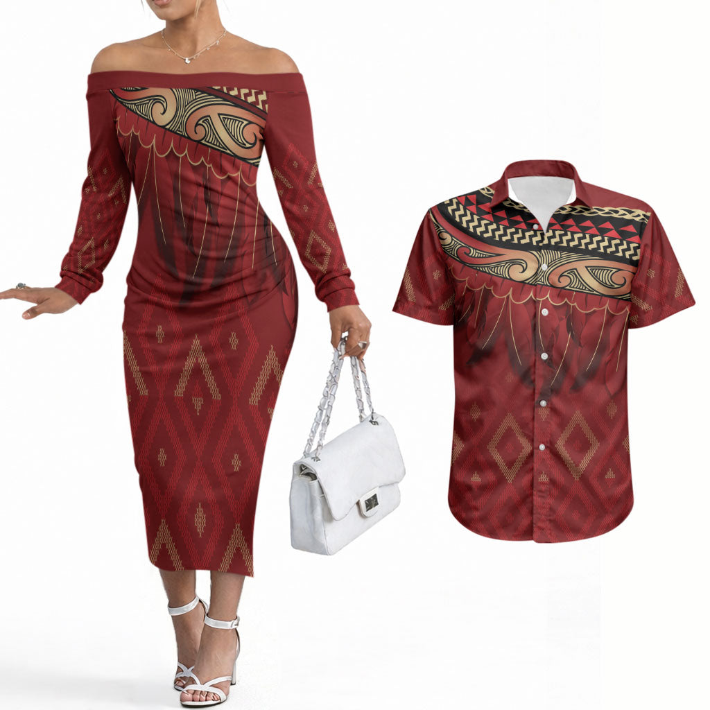Aotearoa Maori Waikato Tainui Iwi Couples Matching Off The Shoulder Long Sleeve Dress and Hawaiian Shirt Korowai Tukutuku Kaokao Motifs