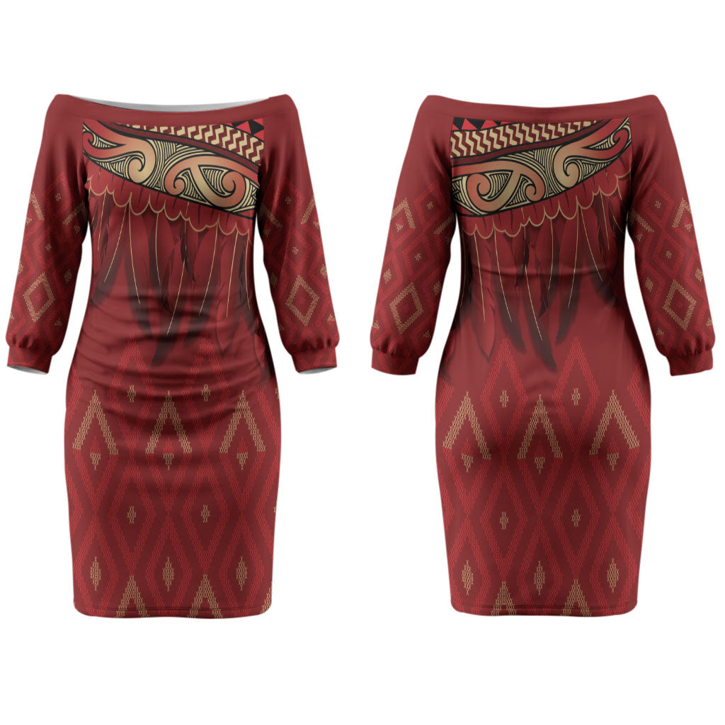 Aotearoa Maori Waikato Tainui Iwi Couples Matching Off The Shoulder Long Sleeve Dress and Long Sleeve Button Shirt Korowai Tukutuku Kaokao Motifs
