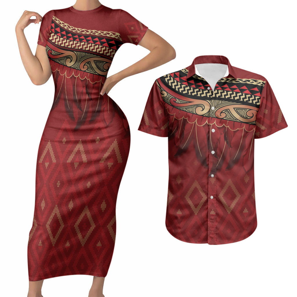 Aotearoa Maori Waikato Tainui Iwi Couples Matching Short Sleeve Bodycon Dress and Hawaiian Shirt Korowai Tukutuku Kaokao Motifs