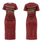 Aotearoa Maori Waikato Tainui Iwi Couples Matching Short Sleeve Bodycon Dress and Long Sleeve Button Shirt Korowai Tukutuku Kaokao Motifs