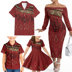 Aotearoa Maori Waikato Tainui Iwi Family Matching Off The Shoulder Long Sleeve Dress and Hawaiian Shirt Korowai Tukutuku Kaokao Motifs