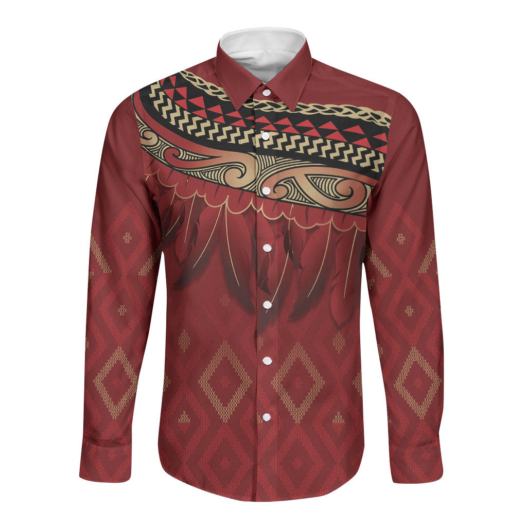 Aotearoa Maori Waikato Tainui Iwi Long Sleeve Button Shirt Korowai Tukutuku Kaokao Motifs