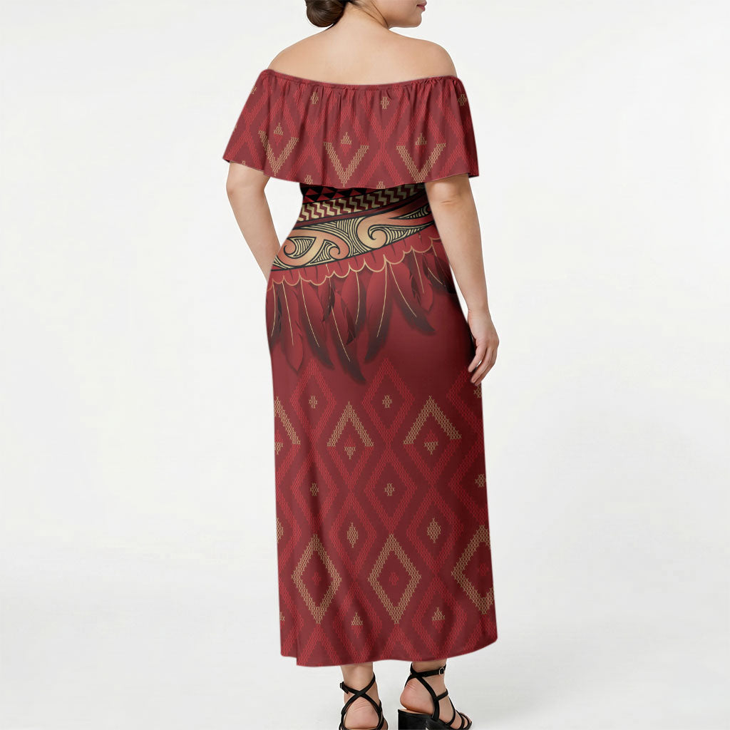 Aotearoa Maori Waikato Tainui Iwi Off Shoulder Maxi Dress Korowai Tukutuku Kaokao Motifs