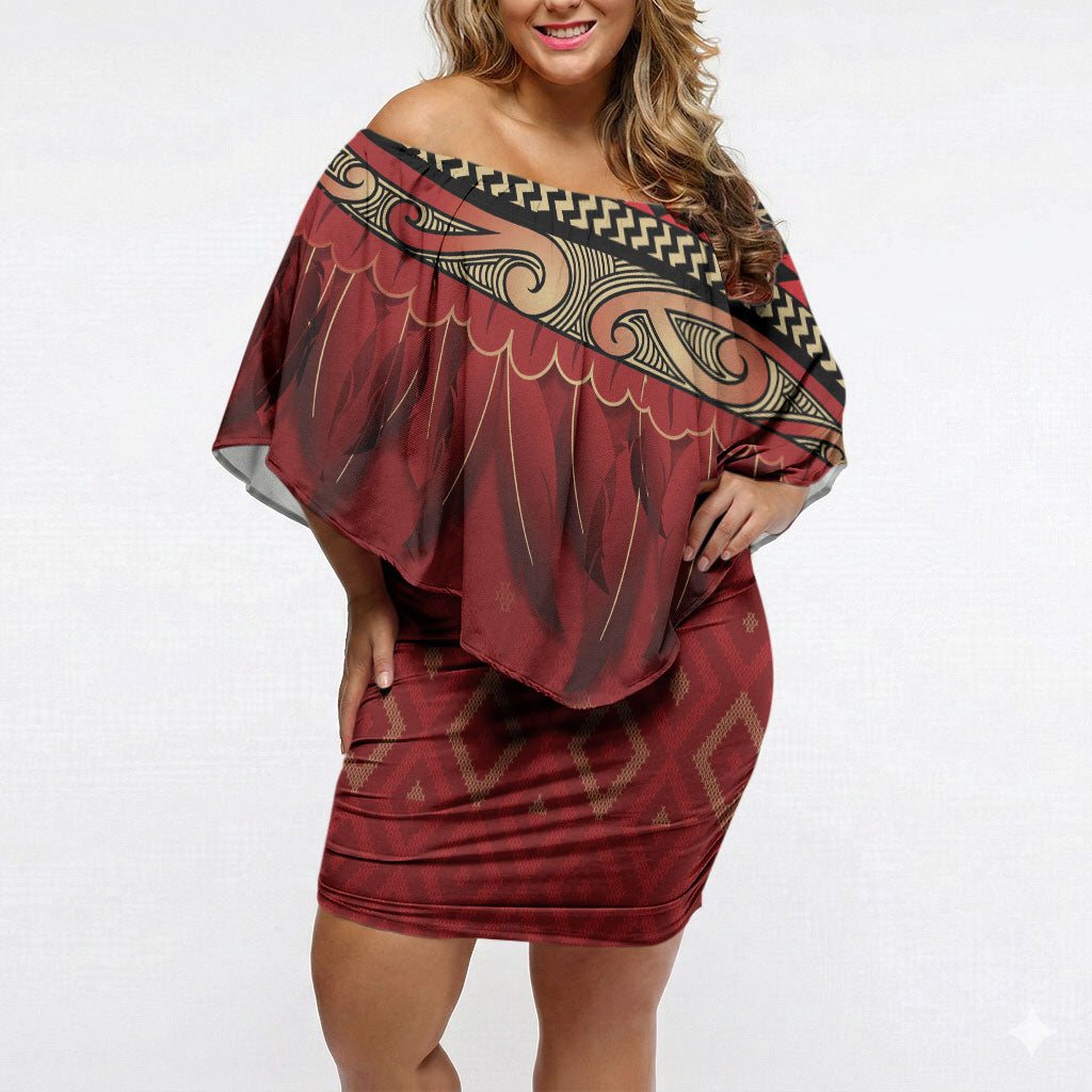Aotearoa Maori Waikato Tainui Iwi Off Shoulder Short Dress Korowai Tukutuku Kaokao Motifs